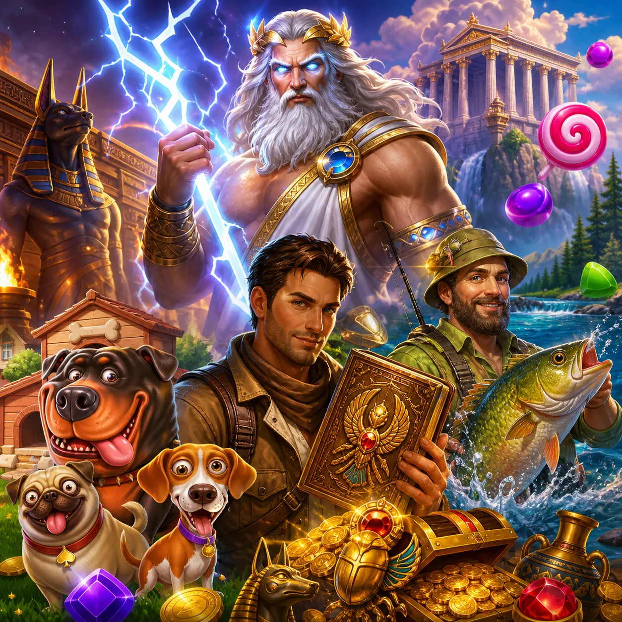 Illustration of a dynamic fantasy adventure slot game with colorful characters and a vibrant world.