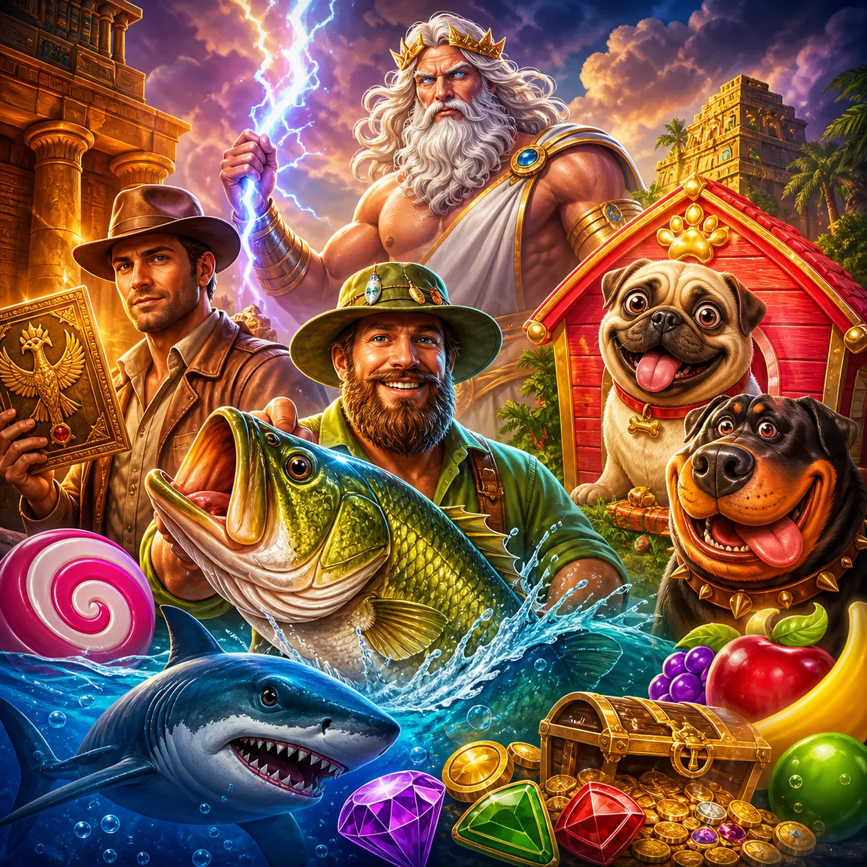 Colorful slot game world featuring fantasy creatures and vibrant landscapes.